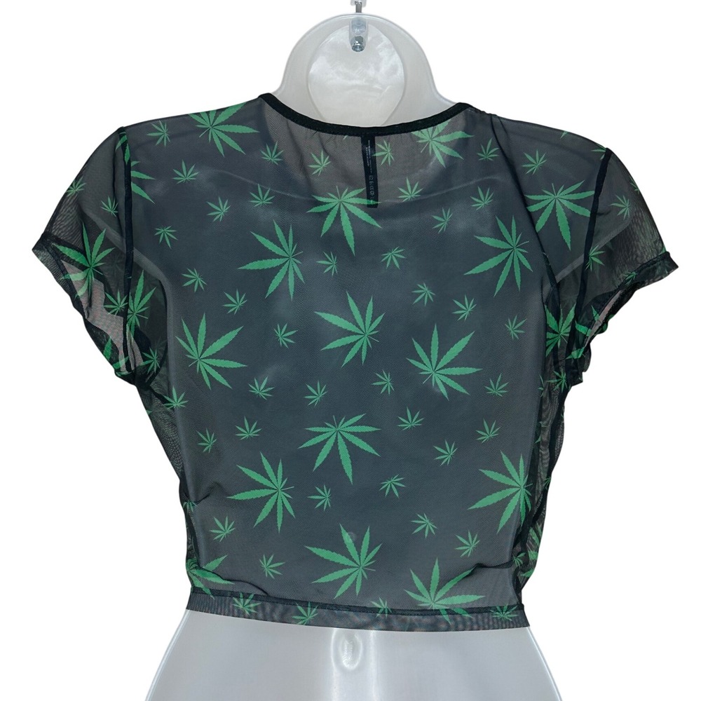 Body Rage Sheer Top‎ Black Green Marijuana Leaf Print Crop Top Large Festival - Picture 2 of 5